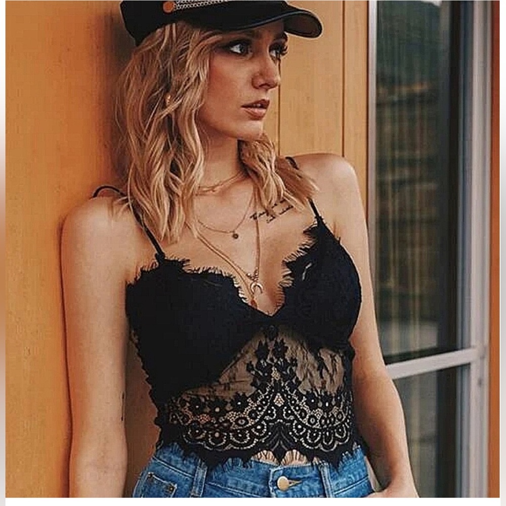 Black Sexy Eyelash Lace Straight Line Removable Pads Crop Cami Top
